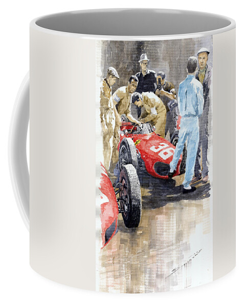 Watercolor Coffee Mug featuring the painting Monaco GP 1961 Ferrari 156 Sharknose Richie Ginther by Yuriy Shevchuk