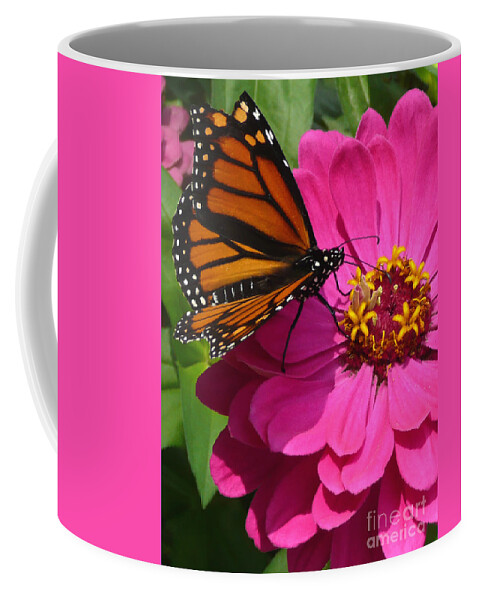 Monarch Coffee Mug featuring the photograph Monarch on Pink by Jayne Carney