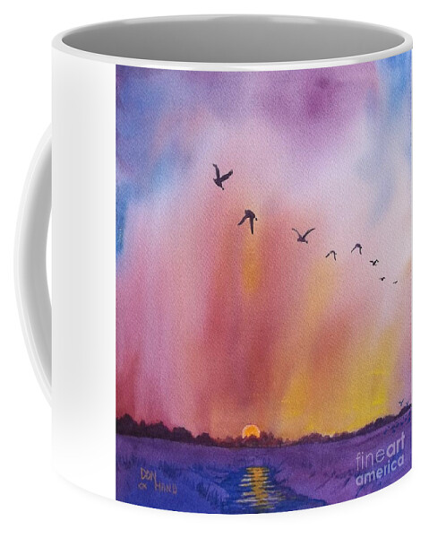 Geese Coffee Mug featuring the painting Sunset Geese by Don n Leonora Hand