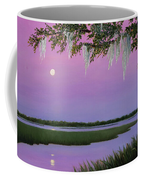 Coastal Early Moon Rising Coffee Mug featuring the painting Moonlit by Audrey McLeod