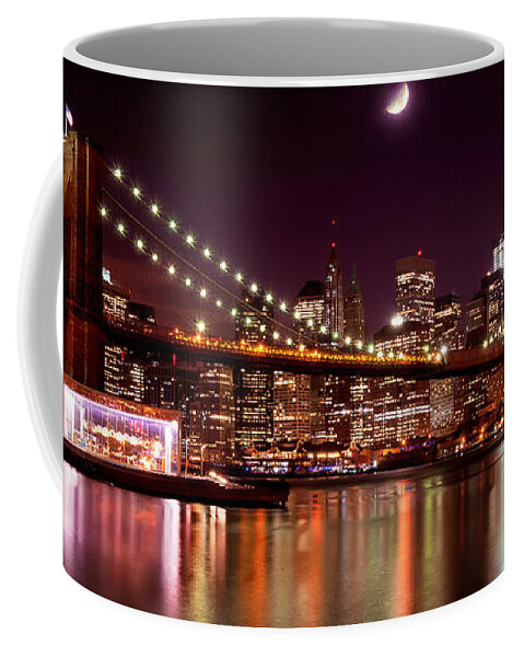 Amazing Brooklyn Bridge Photos Coffee Mug featuring the photograph Moonlit NYC Panorama by Mitchell R Grosky