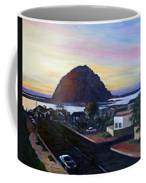 Morro Rock Coffee Mug featuring the painting Morro Rock at Night by Barbara Oertli