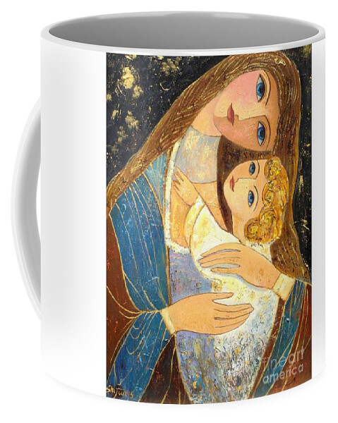 Mother And Golden Haired Child Coffee Mug featuring the painting Mother and Golden Haired Child by Shijun Munns