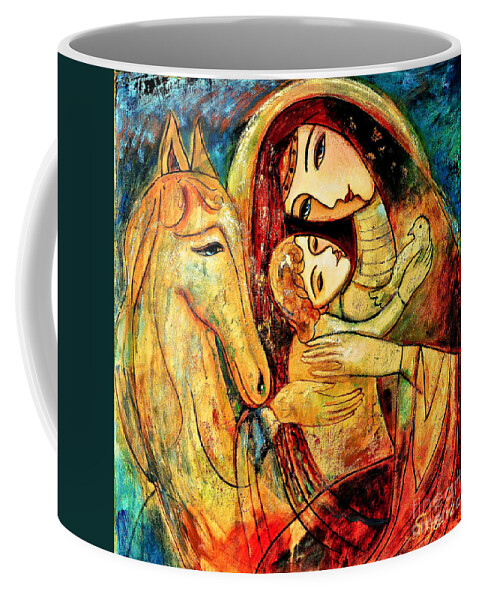 Mother And Child Coffee Mug featuring the painting Mother with Child on horse by Shijun Munns