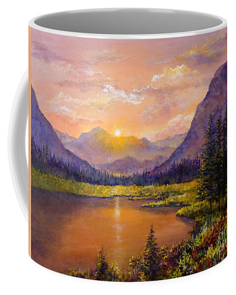 Mountains Coffee Mug featuring the painting Mountain Lake Sunset by Lou Ann Bagnall