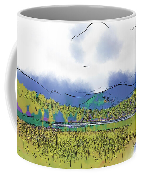 Mountain Coffee Mug featuring the digital art Mountain Meadow Lake by Kirt Tisdale