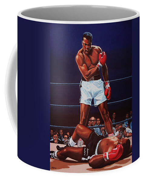 Mohammed Ali Versus Sonny Liston Muhammad Ali Paul Meijering Boxing Boxer Prizefighter Mohammed Ali Ali Sonny Liston Cassius Clay Big Bear The Greatest Boxing Champion The People's Champion The Louisville Lip Knockout Paul Meijering Wbc World Champions Heavyweight Boxing Champions Athlete Icon Portrait Realism Sport Heavyweight Adventure Down Sportsman Hero Painting Canvas Realistic Painting Art Artwork Work Of Art Realistic Art Ring Celebrity Celebrities Coffee Mug featuring the painting Muhammad Ali versus Sonny Liston by Paul Meijering