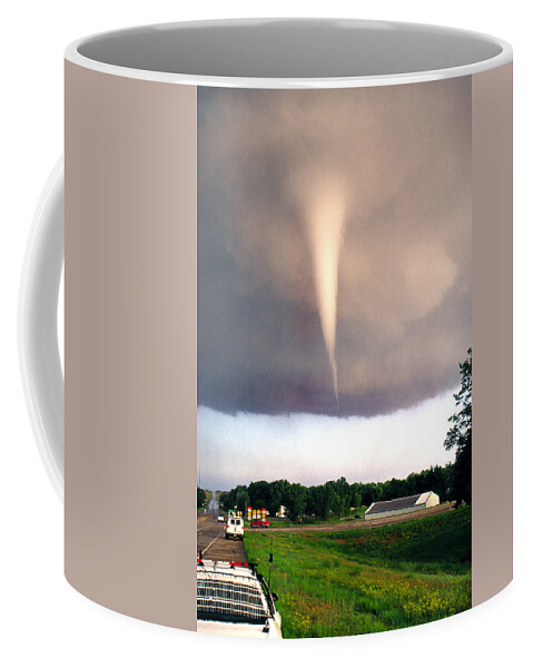 Tornado Coffee Mug featuring the photograph Mulvane Tornado with Storm Chasers by Jason Politte