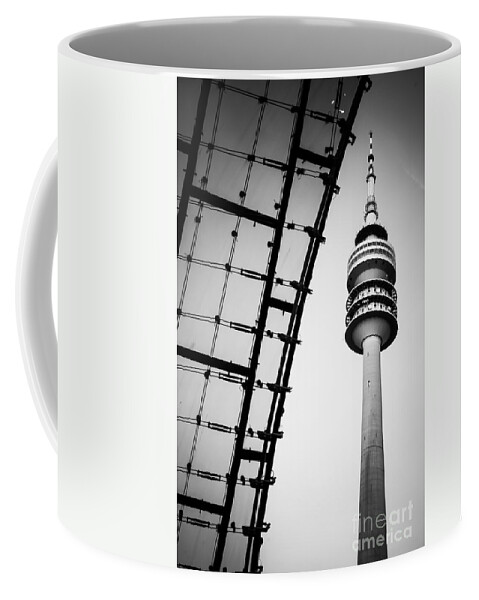 Architecture Coffee Mug featuring the photograph Munich - Olympiaturm And The Roof - Bw by Hannes Cmarits