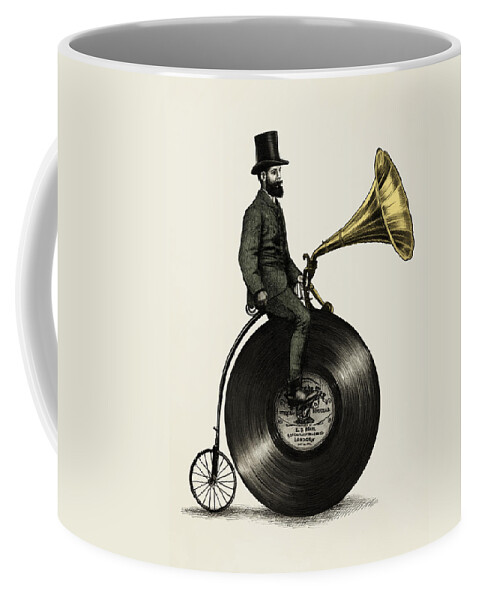 Music Vintage Vinyl Record Victorian Top Hat Gramophone Victrola Nostalgic Cycling Penny Farthing Moustache Coffee Mug featuring the drawing Music Man by Eric Fan