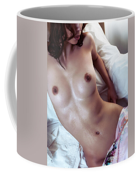 Sexy Coffee Mug featuring the photograph Naked young beautiful woman with wet body in bed by Maxim Images Exquisite Prints