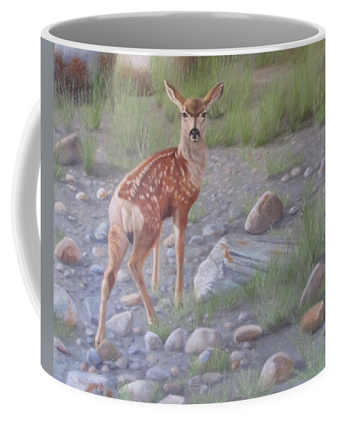 Mule Deer Fawn Coffee Mug featuring the painting New Beginnings 2 by Tammy Taylor