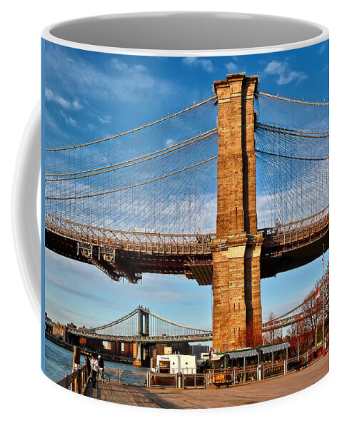 Amazing Brooklyn Bridge Photos Coffee Mug featuring the photograph New York Bridges Lit by Golden Sunset by Mitchell R Grosky