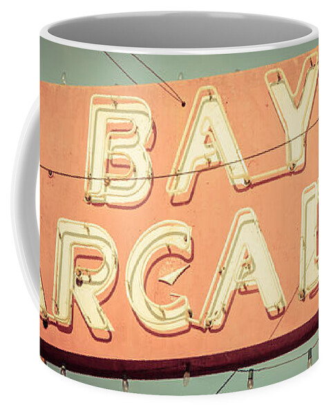 1960s Coffee Mug featuring the photograph Newport Beach Panoramic Retro Photo of Bay Arcade Sign by Paul Velgos