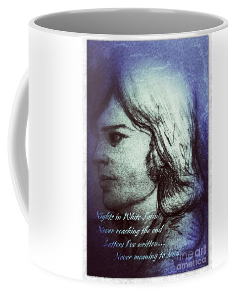 Justin Hayward Coffee Mug featuring the mixed media Nights in White Satin 3 by Joan-Violet Stretch
