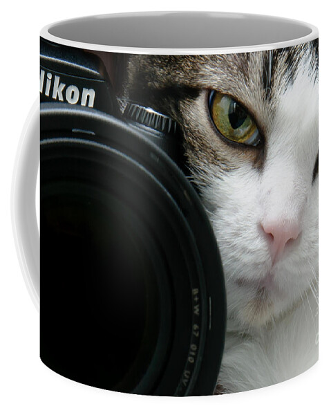 Cat Coffee Mug featuring the photograph Nikon Kitty by Andee Design