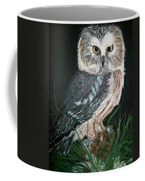 Feather Coffee Mug featuring the painting Northern Saw-whet Owl by Sharon Duguay