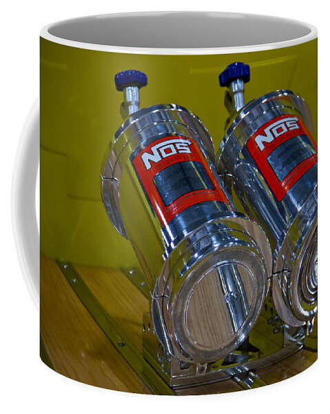 Racing Coffee Mug featuring the photograph NOS bottles in a racing truck trunk by Eti Reid