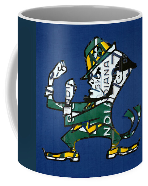 Notre Dame Coffee Mug featuring the mixed media Notre Dame Fighting Irish Leprechaun Vintage Indiana License Plate Art by Design Turnpike