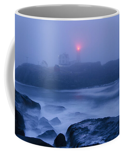 Nubble Lighthouse Coffee Mug featuring the photograph Nubble Light in Foggy Dawn by Donna Doherty