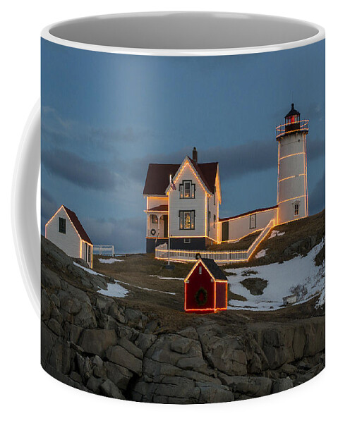 Lighthouse Coffee Mug featuring the photograph Nubble lighthouse at Christmas by Steven Ralser