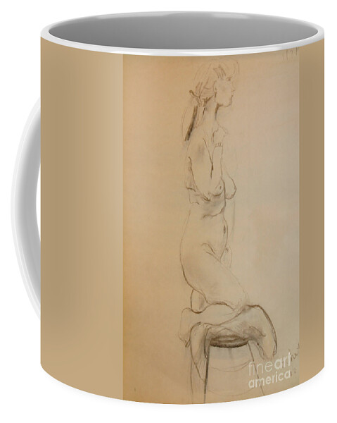 Nude. charcoal Coffee Mug featuring the drawing Nude Kneels on Stool by Gabrielle Schertz