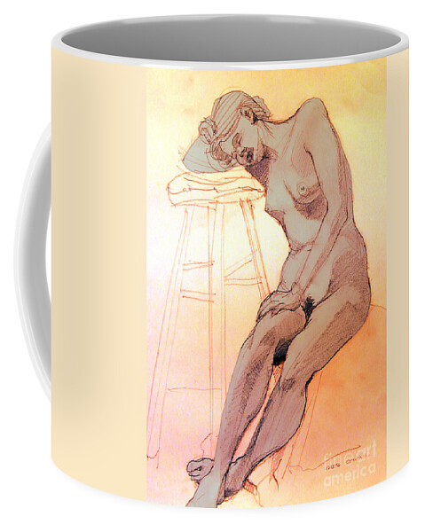Nude Coffee Mug featuring the drawing Nude woman leaning on a barstool by Greta Corens