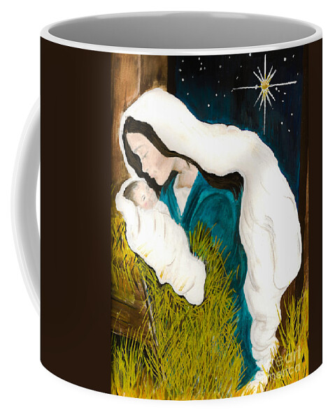 Mary And Baby Jesus Coffee Mug featuring the painting Mary and Baby -O Holy Night -birth of Jesus by Jan Dappen