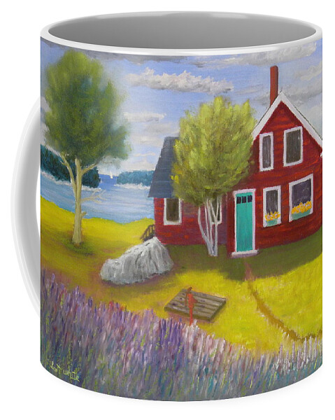 Landscape Seascape Cottage Lupine Deer Isle Ocean Inlet Rocky Coast Well Flowers Coffee Mug featuring the painting Ocean Cottage #1 by Scott W White