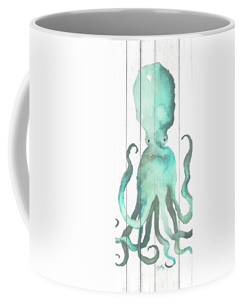 Octopus Coffee Mug featuring the painting Octopus On Wood Plank by Elizabeth Medley