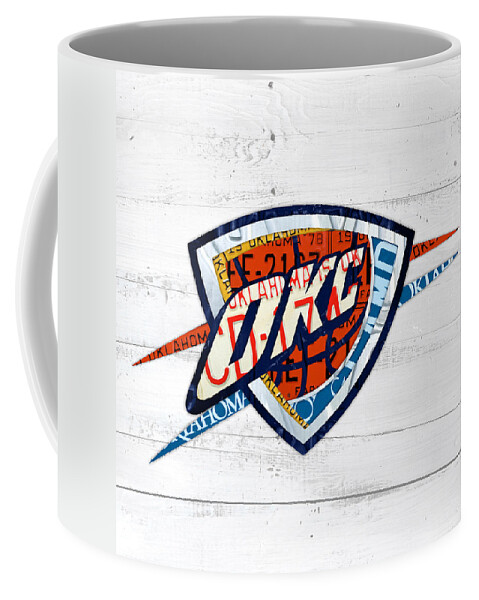 Okc Coffee Mug featuring the mixed media OKC Thunder Basketball Team Retro Logo Vintage Recycled Oklahoma License Plate Art by Design Turnpike