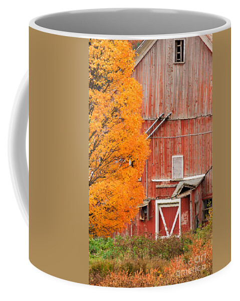 New England Coffee Mug featuring the photograph Old dilapidated country barn during autumn. by Don Landwehrle