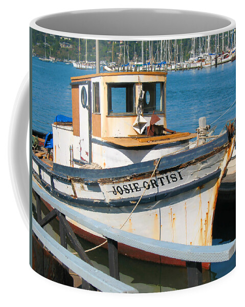 Vintage Boat Coffee Mug featuring the photograph Old Fishing Boat in Sausalito by Connie Fox