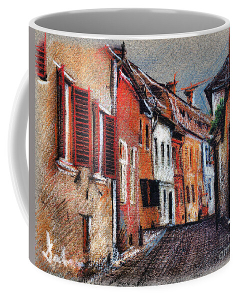 Street Coffee Mug featuring the drawing Old medieval street in Sighisoara citadel Romania by Daliana Pacuraru