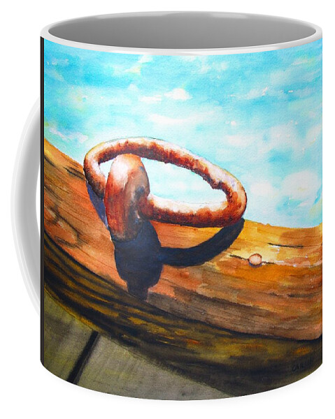 Nautical Coffee Mug featuring the painting Old Mooring Ring on Wood Dock by Carlin Blahnik CarlinArtWatercolor