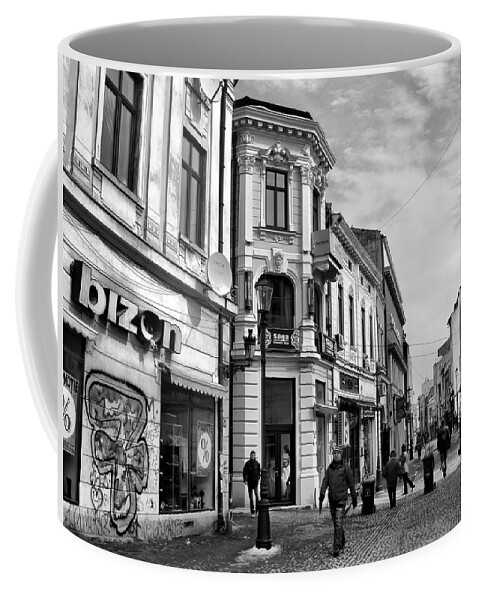 Old Town Bucharest Coffee Mug featuring the photograph Old Town of Bucharest - Romania/ Black and White by Daliana Pacuraru