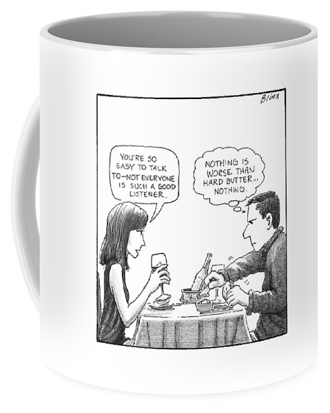 On A Date, A Woman Compliments The Man's Coffee Mug