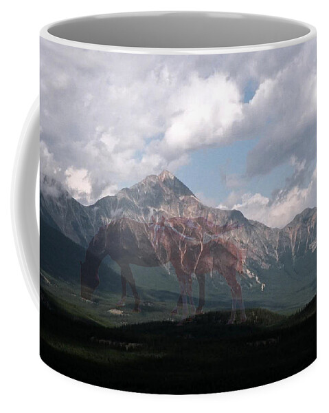 Mountain Mare Colt Horse Sky Clouds Grass Image Mirage Scenery Animal Artwork Mane Tail Quarter Horse Paint Appaloosa Digital Photo Art Weird Picture Imagination Coffee Mug featuring the photograph Once by Andrea Lawrence