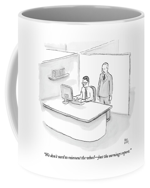 One Businessman Standing Behind A Desk Speaks Coffee Mug