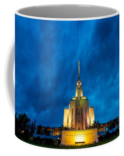 Oquirrh Mountain Coffee Mug featuring the photograph Oquirrh Mountain LDS Temple Evening Thunderstorm by Gary Whitton