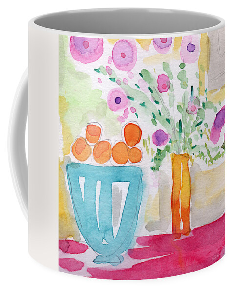 Oranges Coffee Mug featuring the painting Oranges in Blue Bowl- watercolor painting by Linda Woods