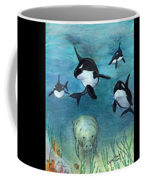 Orca Whale Pod Manatee Underwater Art Cathy Peek Coffee Mug by