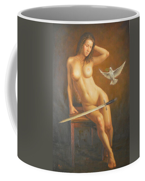 Original Coffee Mug featuring the painting Original Classic Oil Painting Female Body Art -nude Girl And Sword by Hongtao Huang