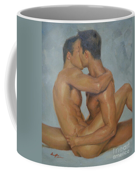 Original Coffee Mug featuring the painting Original Man Oil Painting Gay Body Art- Two Male Nude On Canvas by Hongtao Huang