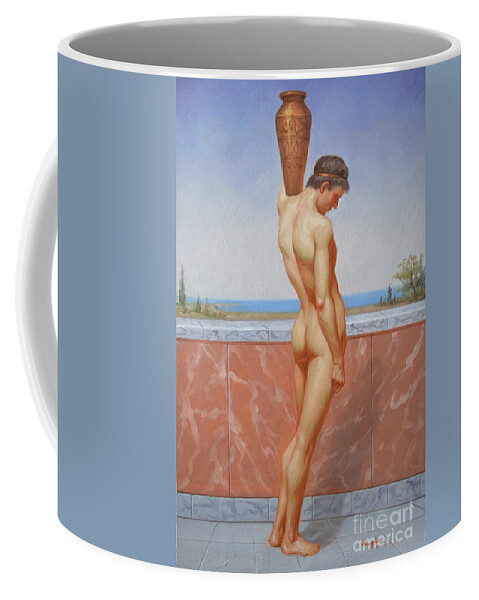 Oil Painting Coffee Mug featuring the painting Original Oil Painting Man Body Art Male Nude On Canvas#16-2-5-13 by Hongtao Huang