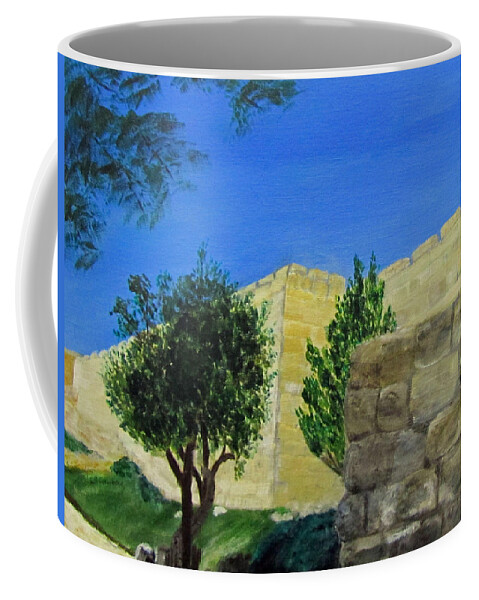 Israel Coffee Mug featuring the painting Outside the Wall - Jerusalem by Linda Feinberg
