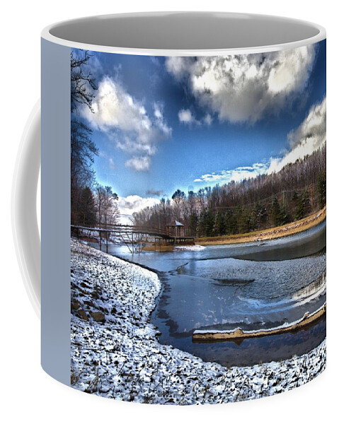 Landscape Coffee Mug featuring the photograph Over Da River N Thru Da Woods by Robert McCubbin