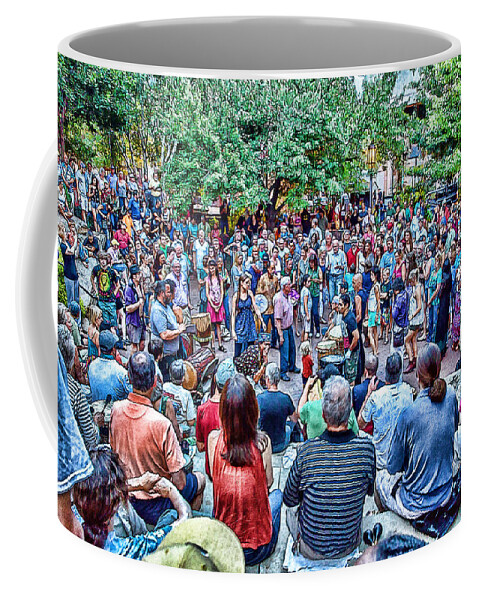 Drum Circle Coffee Mug featuring the digital art Overlooking the Asheville Drum Circle by John Haldane