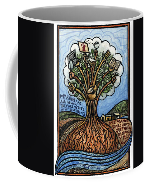 Hands Coffee Mug featuring the mixed media My Hands Mis Manos by Ricardo Levins Morales