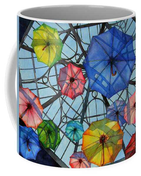 Umbrellas Coffee Mug featuring the painting Palazzo Parasols by Judy Mercer